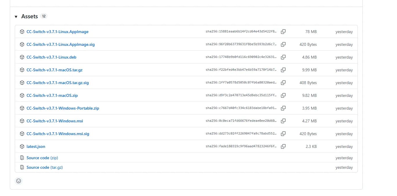 CC-Switch GitHub Release 下载页面